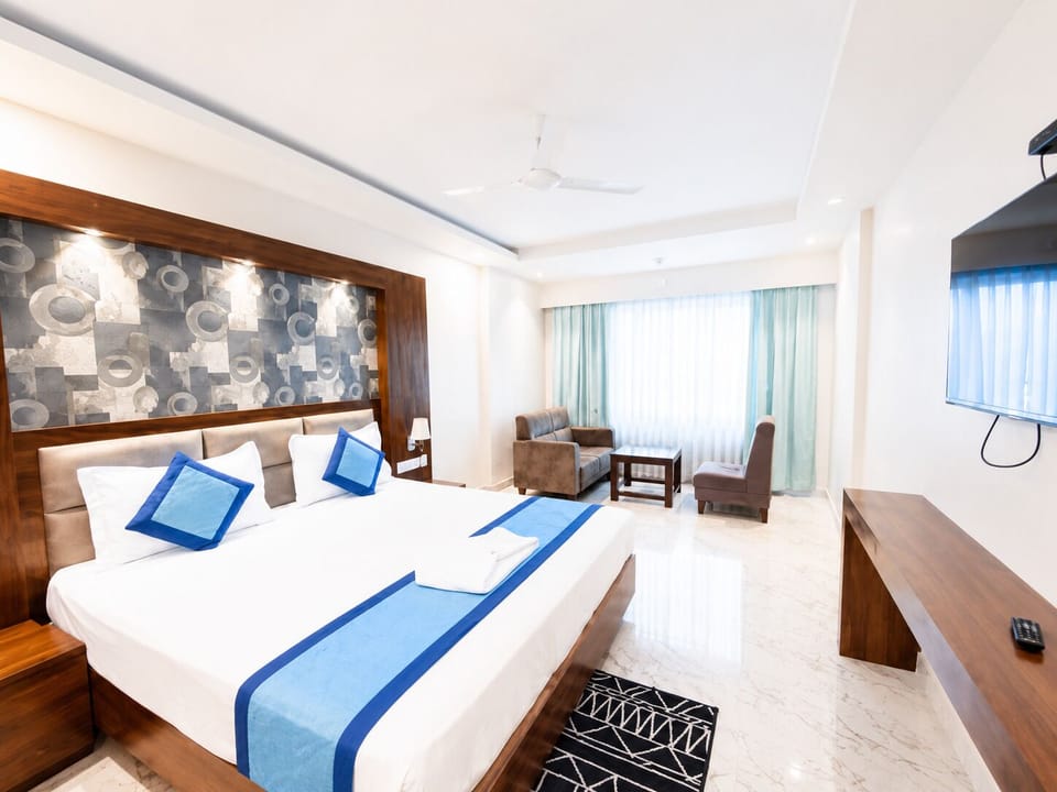 Premium bedding, desk, laptop workspace, soundproofing