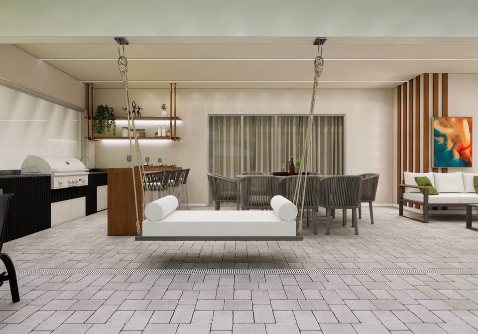 Enjoy a unique outdoor dining experience on our stylish swing seat, surrounded by neutral-toned furniture and textured flooring, all enhanced by soft natural light filtering through elegant drapes for a warm, inviting atmosphere.