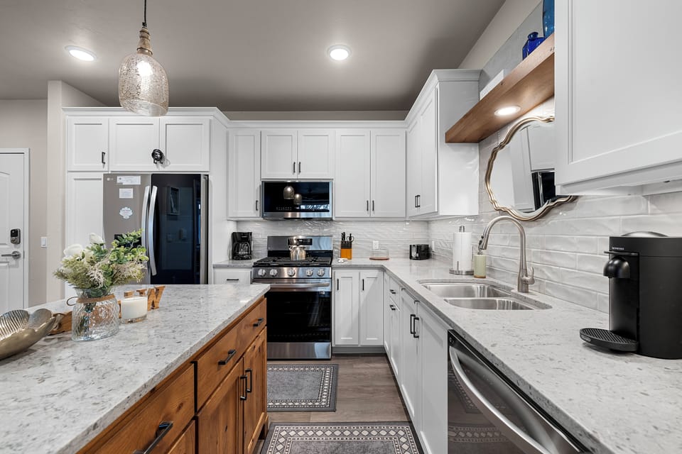 Full Kitchen with starter coffee, tea, dish soap, and dishwasher pods provided
