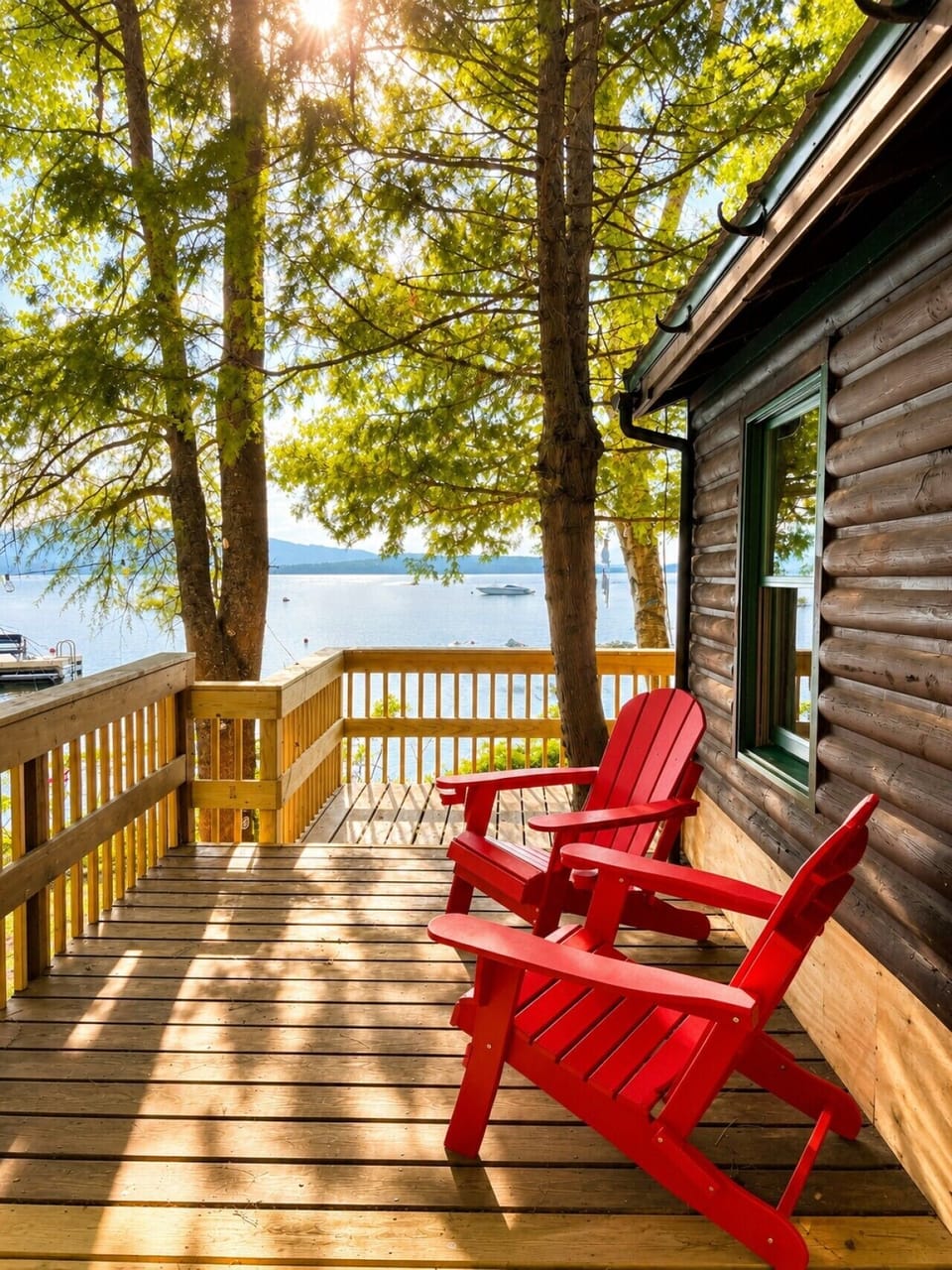 Lakefront deck with Adirondack chairs, peaceful water views, and towering pine trees.