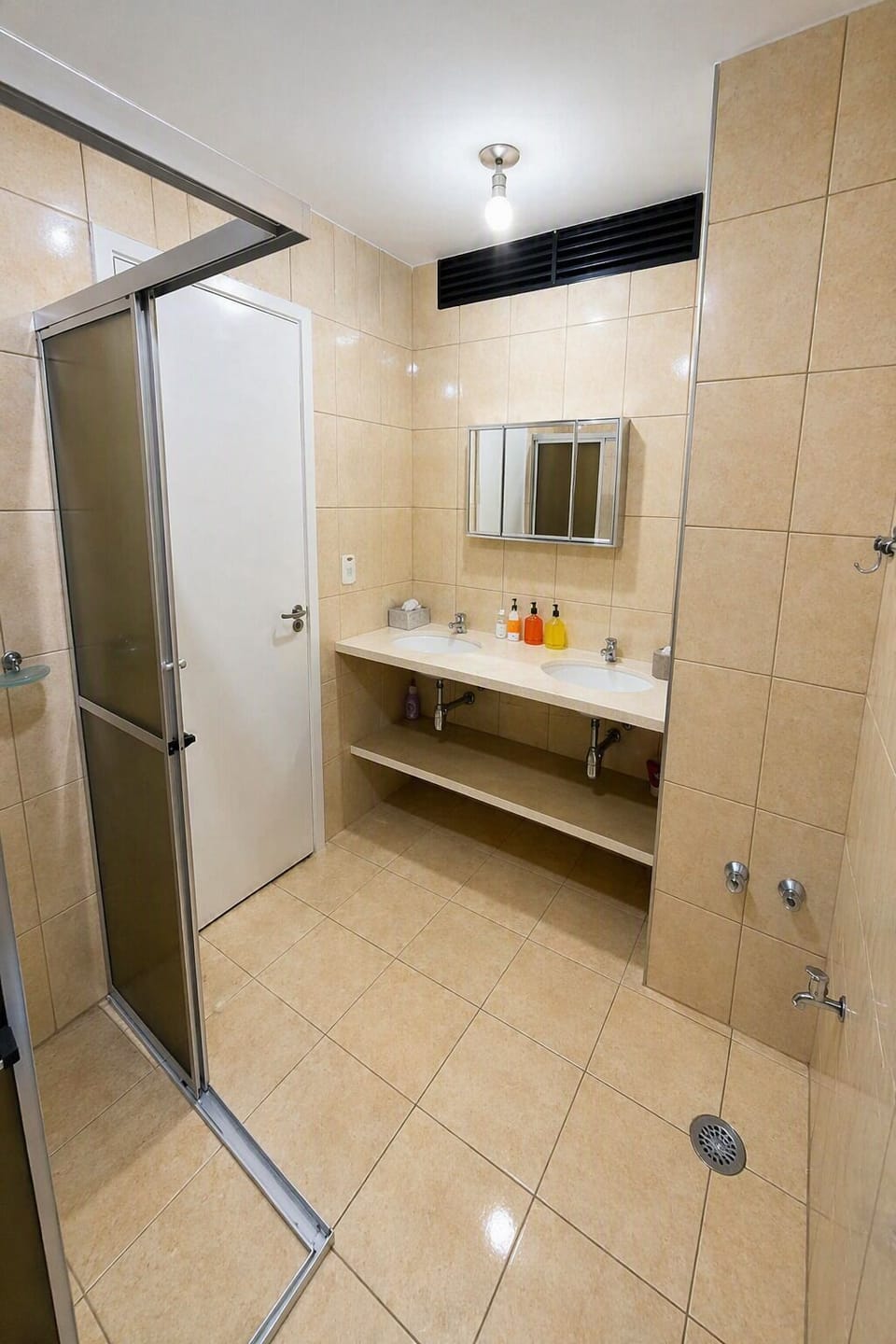 Shower, towels, soap, shampoo