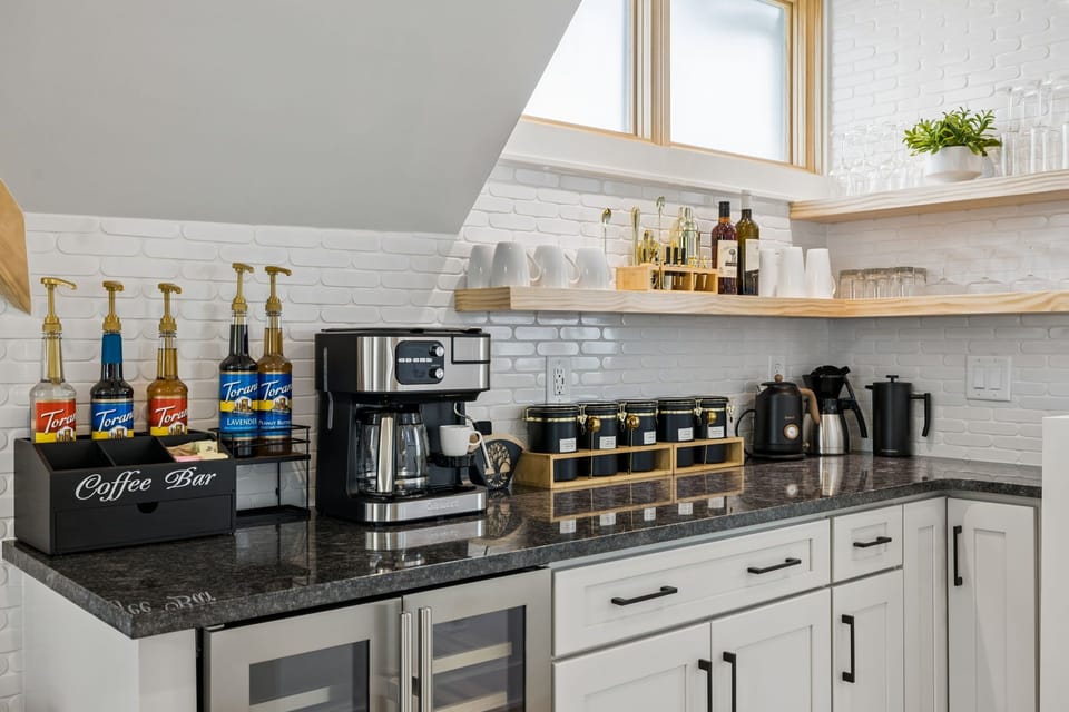 Coffee Bar stocked for espresso, drip, pour over, french press, and tea