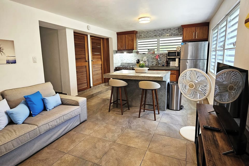 Bright open living space with modern kitchen island and cozy seating