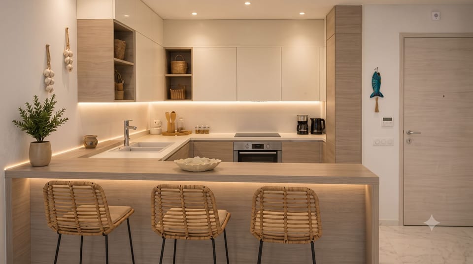 Comfort Apartment, Sea View | Private kitchen | Fridge, microwave, oven, cookware/dishes/utensils