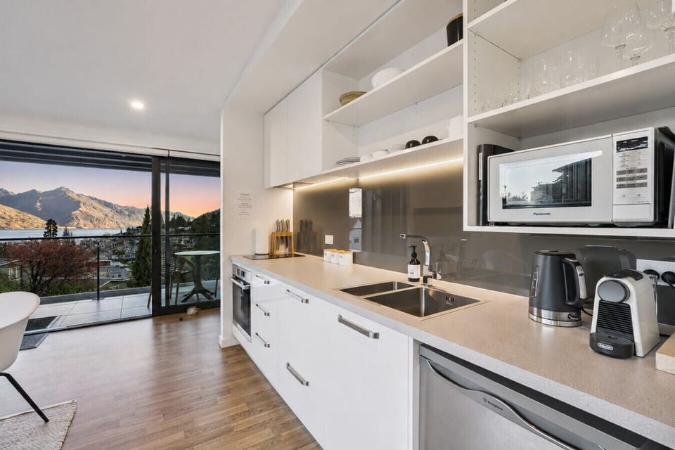 Modern kitchen with mountain views
