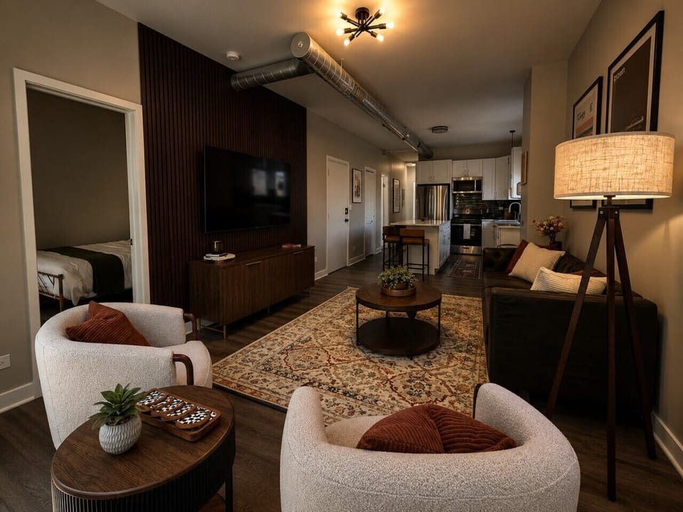 Moody, curated living room with Chicago-inspired design, layered textures, and space to gather and unwind.