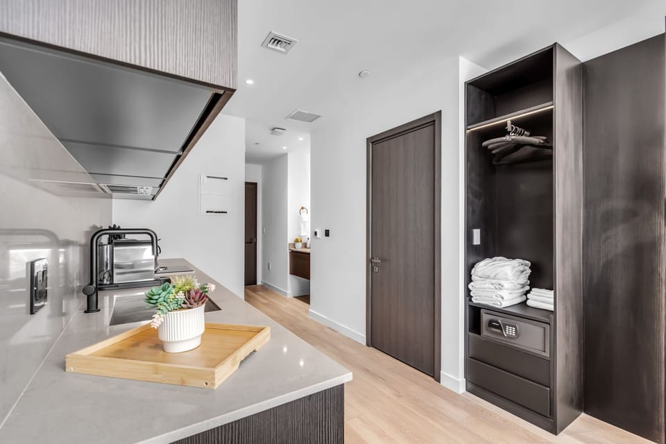 Kitchen counter looking toward the entry, with a built-in closet offering hanging space, extra linens, and a safe for your valuables.