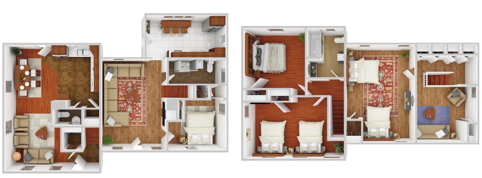 First and second floor plans of both the North and South apartments.