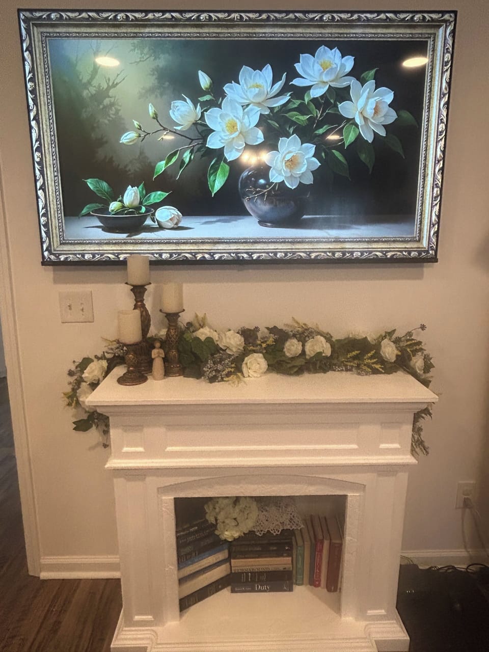 TV and Romantic Mantel.