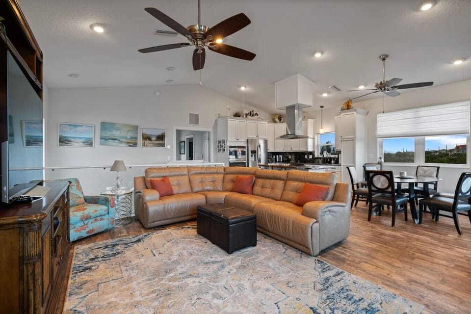 Comfortable leather sofa.  Sit back, relax, and enjoy a movie or a sporting event