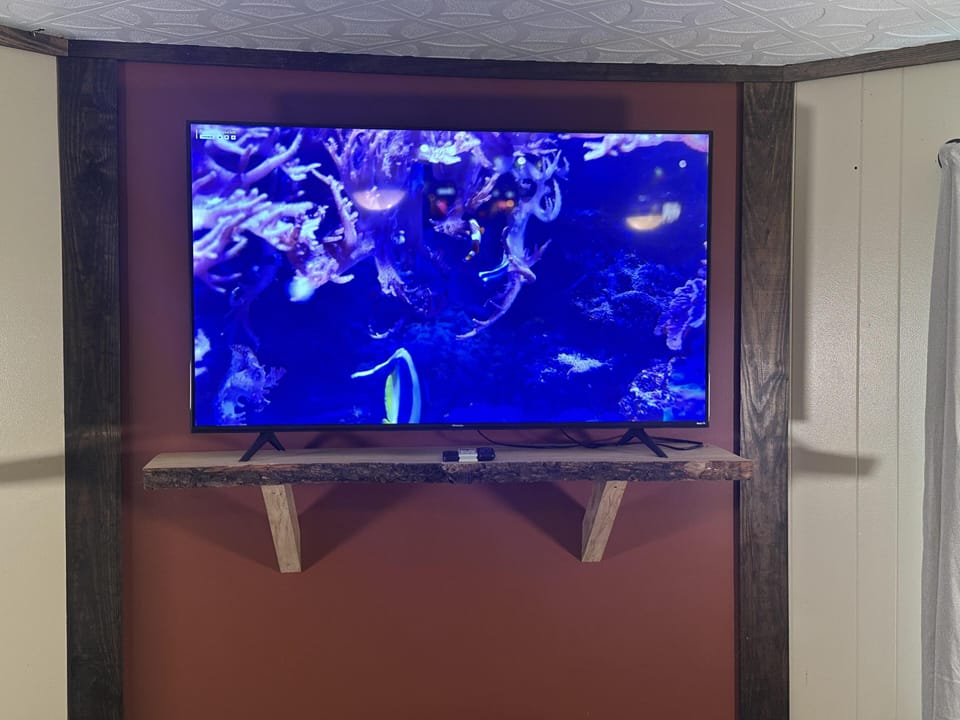 Flat-screen TV sits on a live-edge wood shelf against a burnt orange accent wall framed by dark wood trim.