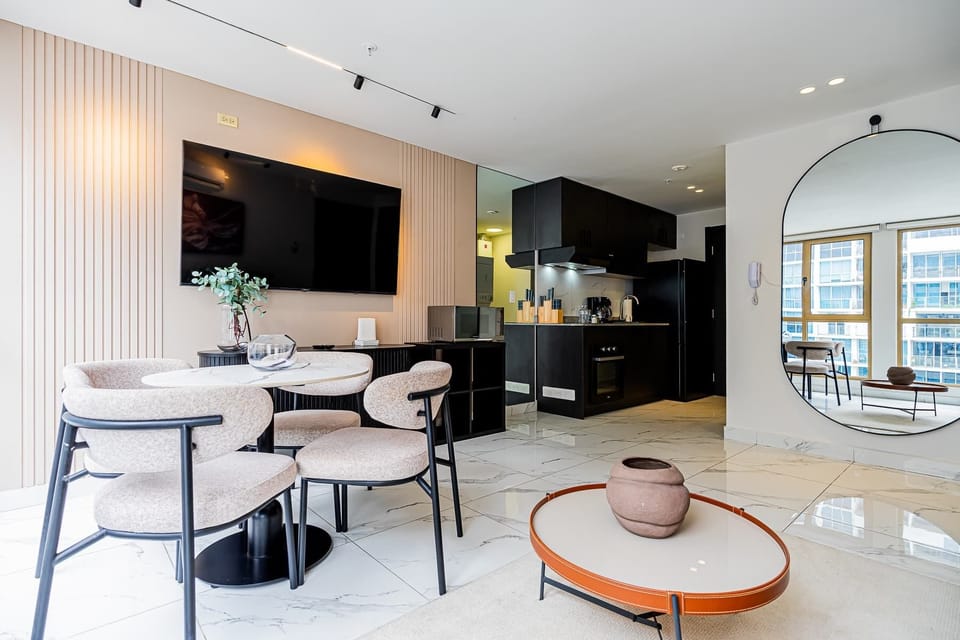 Open living, dining, and kitchen area