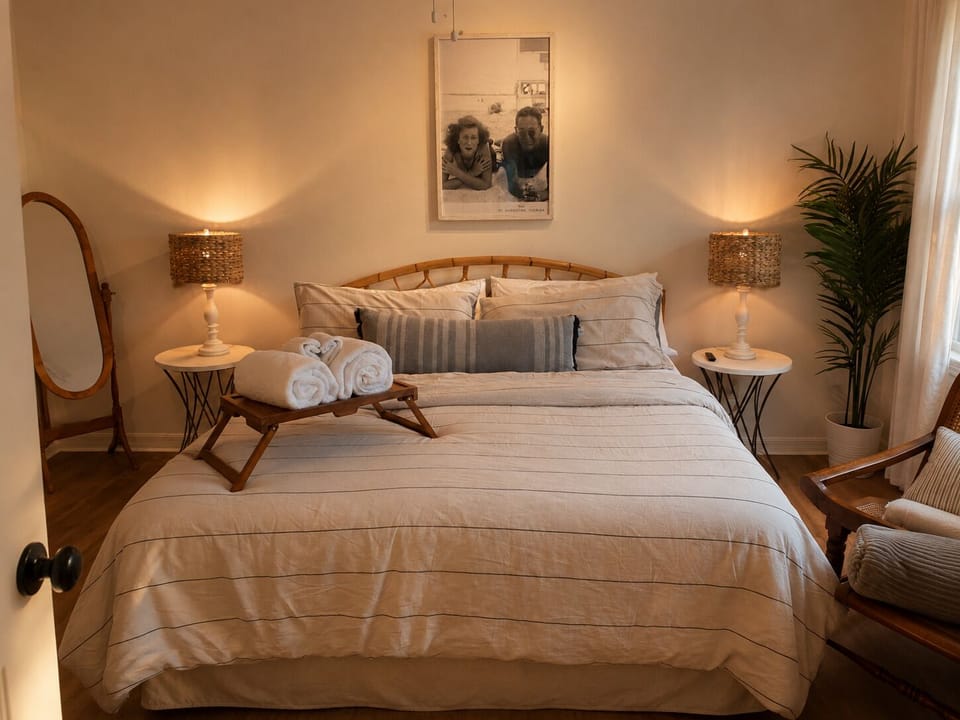 Cozy, guest-ready bedroom with warm lighting and elegant natural touches