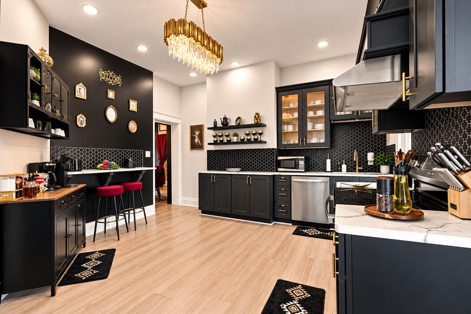 A spacious, fully equipped kitchen gives you plenty of room to prepare, serve, and enjoy family-style meals together