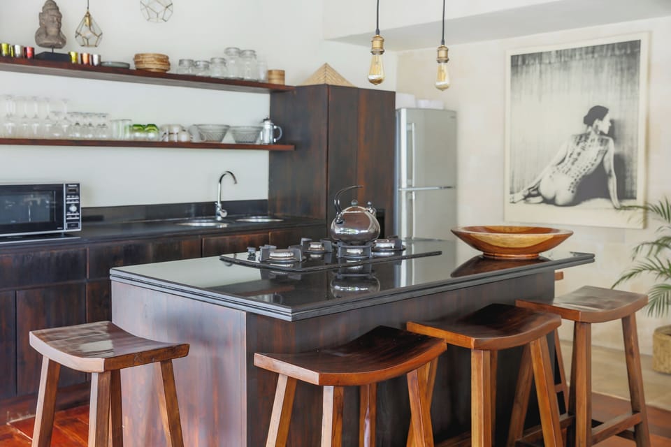 Full-size fridge, microwave, oven, stovetop