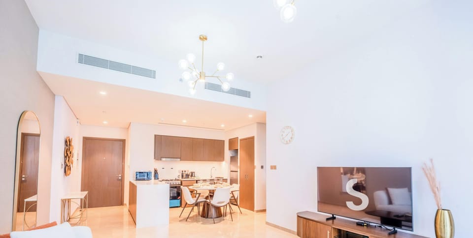 High ceiling living space with light