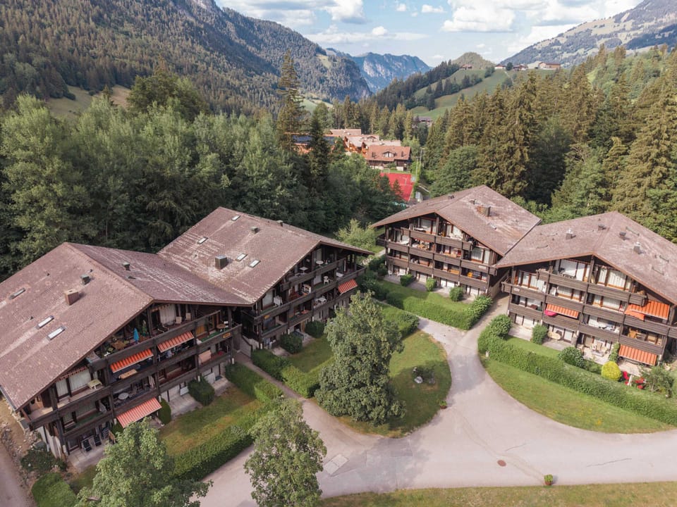Aerial view of the Ferienzentrum and surrounding chalet-style holiday buildings.
