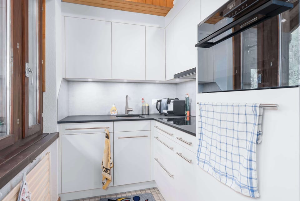 Compact modern kitchen with oven, stovetop, and everything needed for preparing simple meals.
