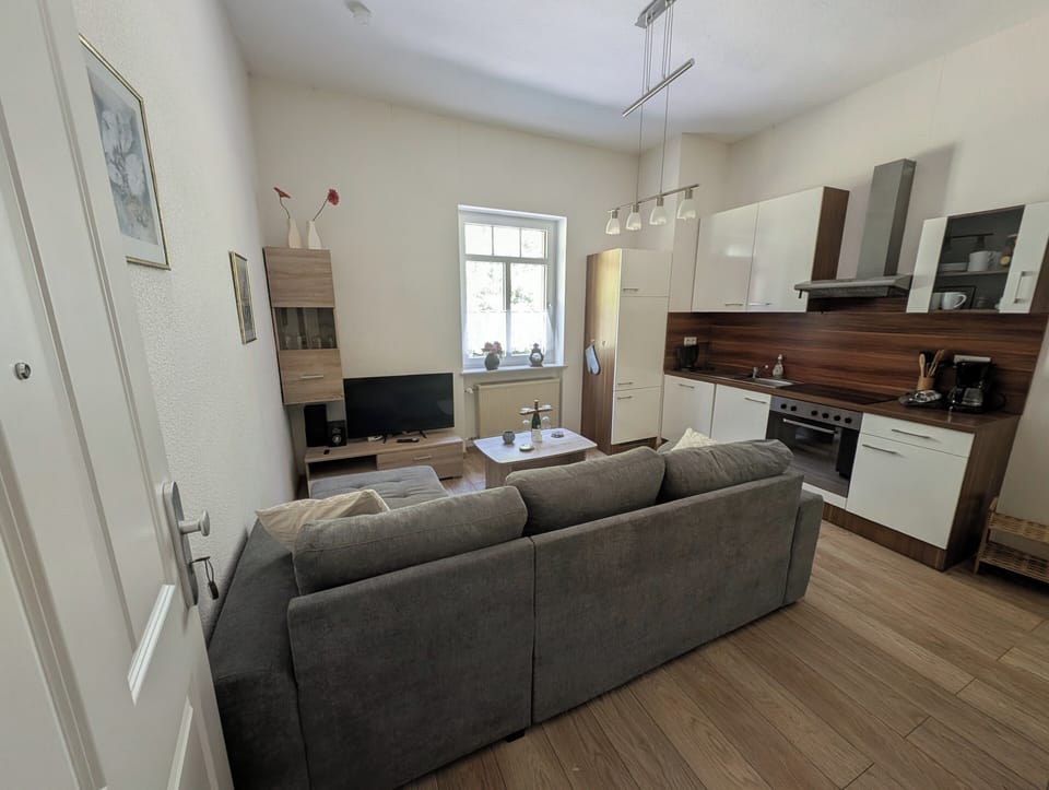 Standard Apartment, Kitchen, Garden View | Private kitchen | Full-size fridge, microwave, oven, stovetop