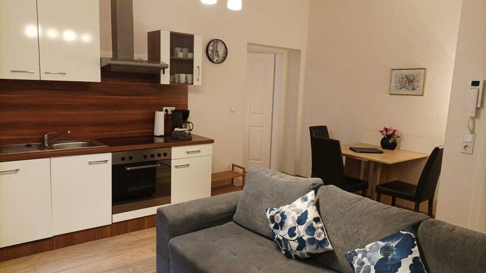 Standard Apartment, Kitchen, Garden View | Private kitchen | Full-size fridge, microwave, stovetop, dishwasher