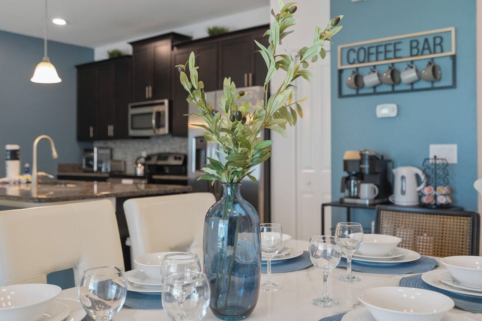 Dining Room with seating for 8 and 3 more at the kitchen island. 
