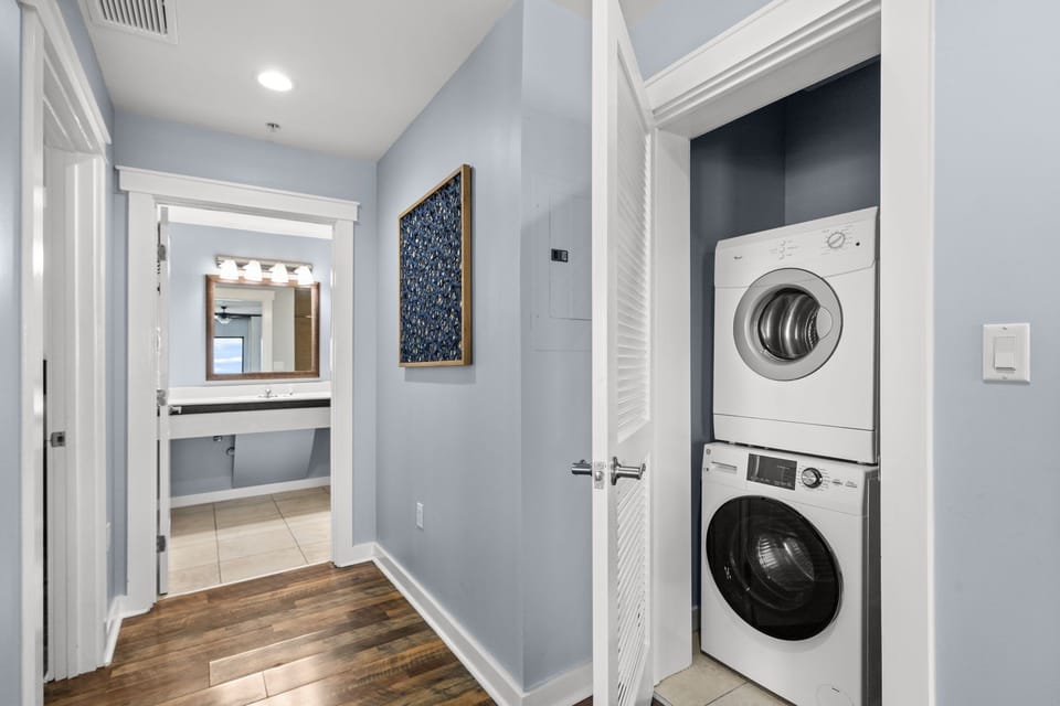 A convenient stacked washer and dryer await in your hallway closet, making laundry day effortless during your stay.