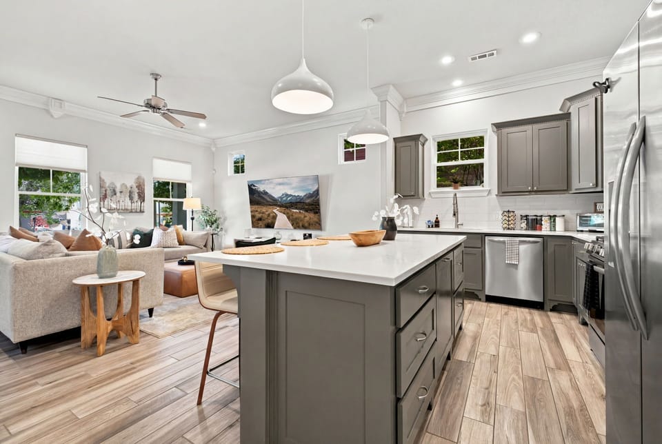 The kitchen is fully stocked with all the cooking amenities you could ever need.