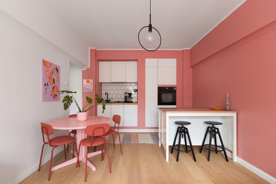 The kitchen and dining area are part of the open floor plan. The kitchen is fully equipped