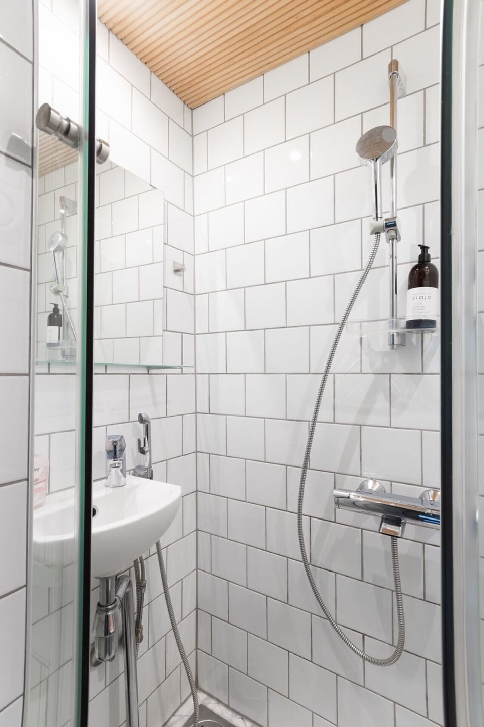 Bathroom is compact but has a shower, toilet, and a sink