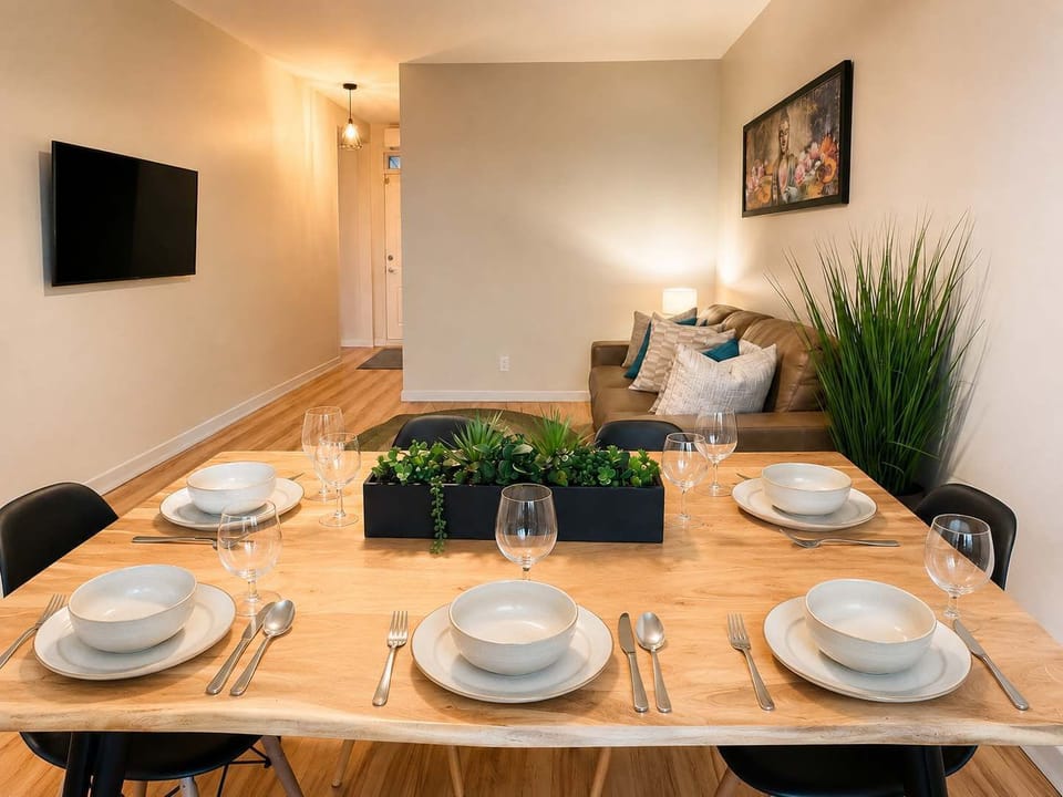 Rassemblez-vous autour d'une grande table conviviale, idéale pour partager de délicieux repas, planifier vos journées ou prolonger vos soirées dans une ambiance chaleureuse et accueillante.