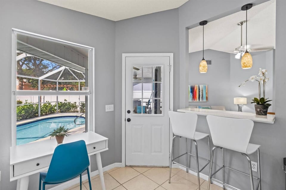 Workspace with a pool view