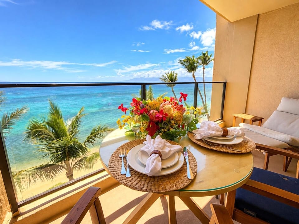 Morning coffee and breathtaking beachfront views from your private lanai MAH-502