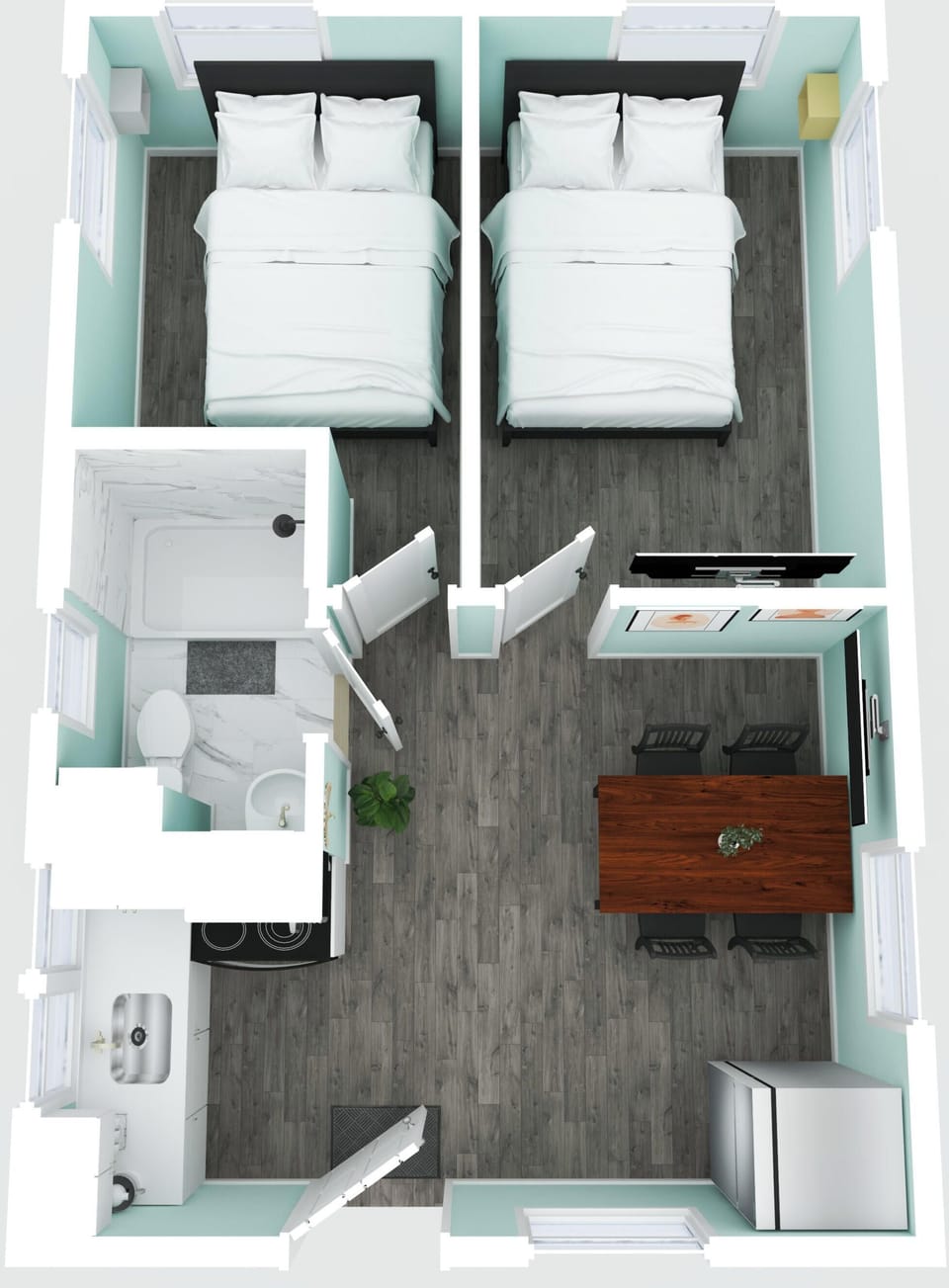 Smart two-bedroom layout with kitchen, bath, and dining space