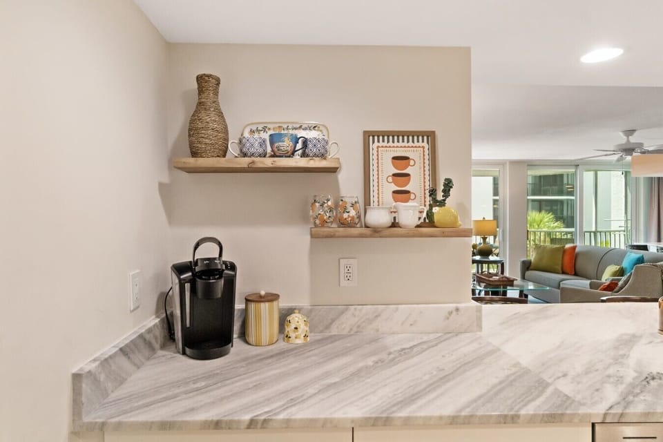 Coffee station with Keurig and K-Cups to get your mornings started.