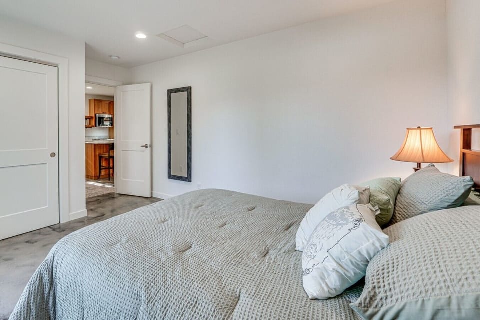 Bedroom | Queen Bed & Full-Length Mirror | Kitchen Access