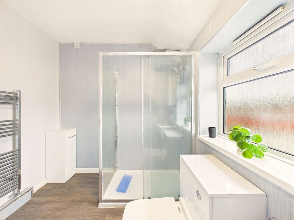 This modern bathroom features a  Enjoy a clean, functional layout with light blue paneled walls, stylish wood-effect flooring, and plenty of natural light from the frosted privacy window.spacious glass-enclosed walk-in shower equipped with an overhead ra