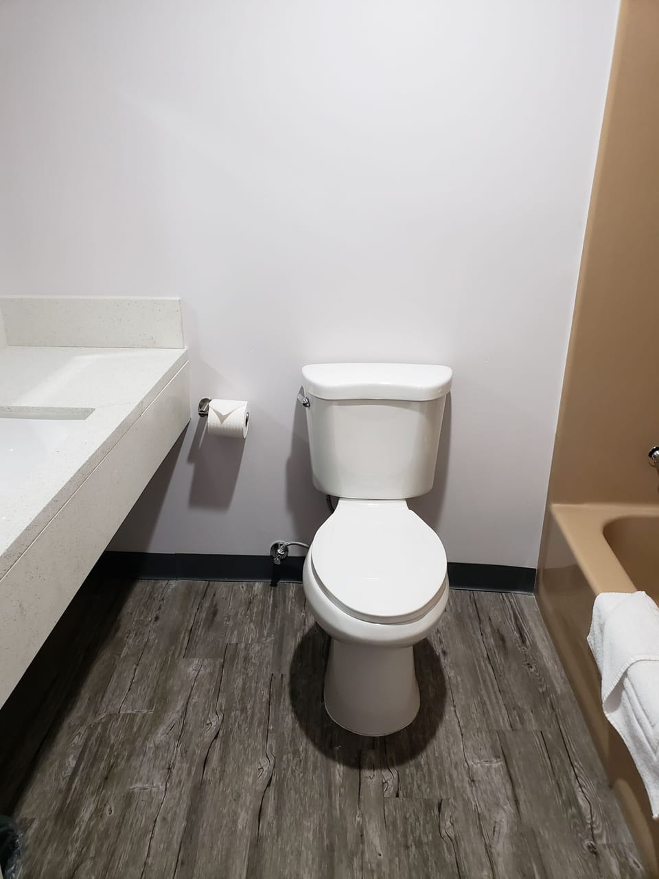 Combined shower/tub, deep soaking tub, free toiletries, towels