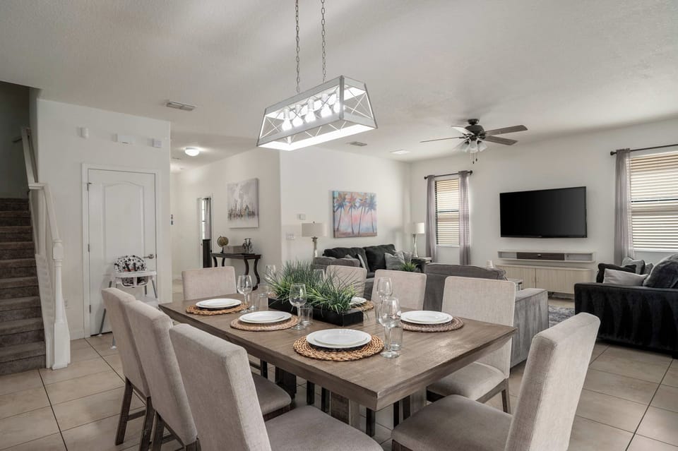 Open floor plan connects the large kitchen, living and dining room 