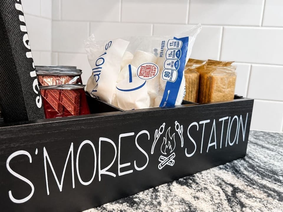 This charming s`mores station is fully prepped and ready for your crew to head out to the fire pit for an evening of sweet treats and stargazing.