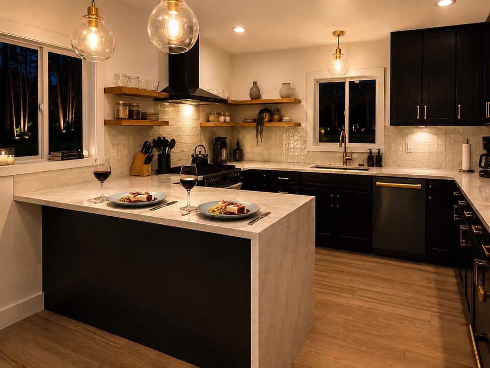 Cook together in the fully stocked gourmet kitchen with oversized island, open shelving, premium appliances, and everything needed for memorable family meals.