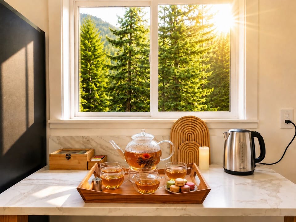 Start your morning slowly with our thoughtfully curated tea station. Brew your favorite cup while taking in peaceful views of the surrounding forest.