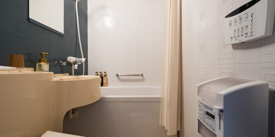 Combined shower/tub, hair dryer, slippers, towels