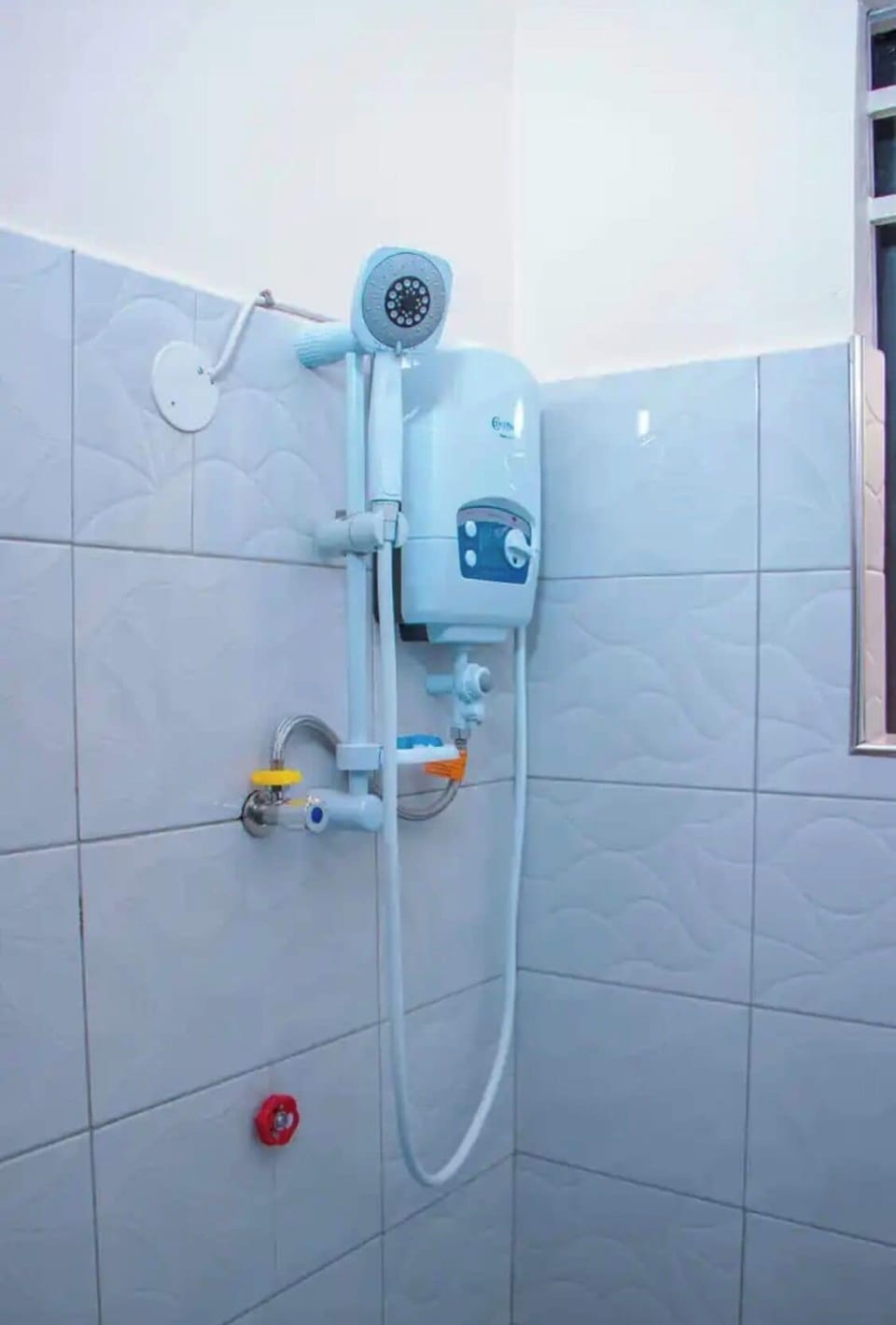 Shower, slippers, towels, soap