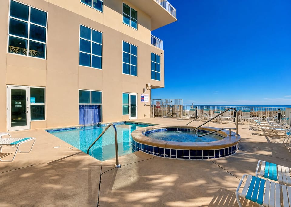 The outdoor pool leads into a heated indoor pool...