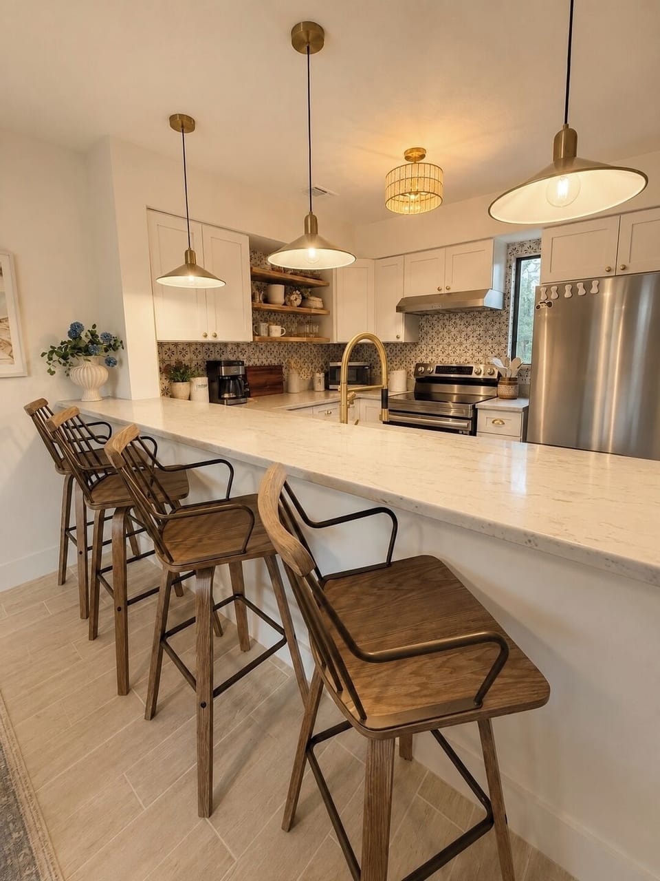 Coastal farmhouse kitchen with marble accents