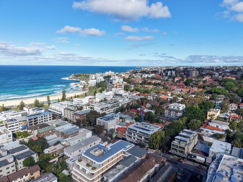 Aerial view of Bondi Beach coastline and neighborhood