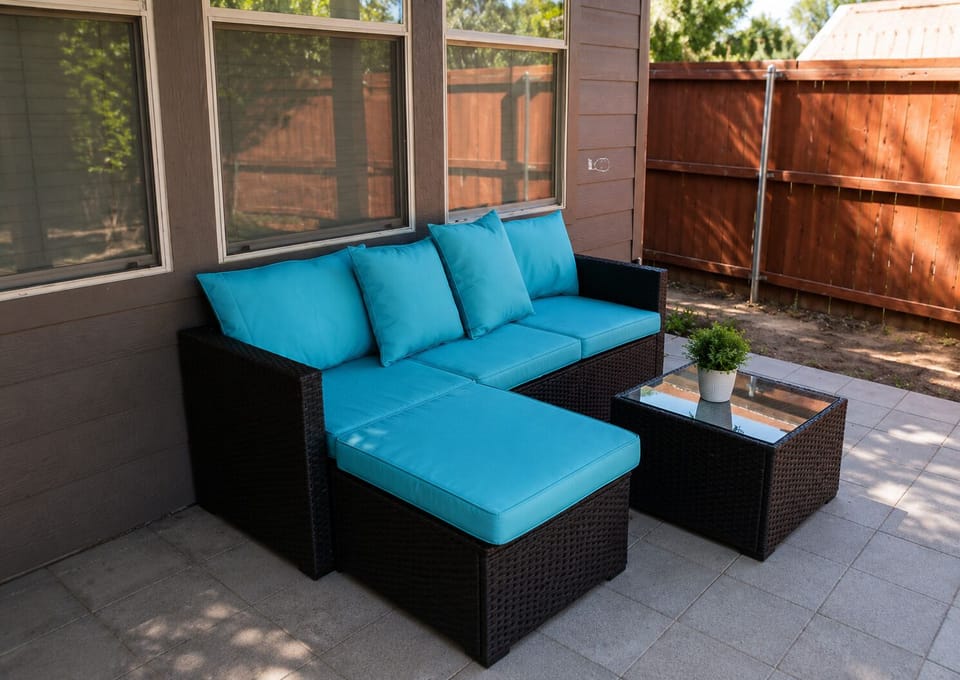 Relax outdoors after work in this comfortable seating area, giving crews extra room to recharge and enjoy fresh air. A welcome feature for Aubrey construction projects, contractor housing, insurance stays, relocations and extended assignments.
