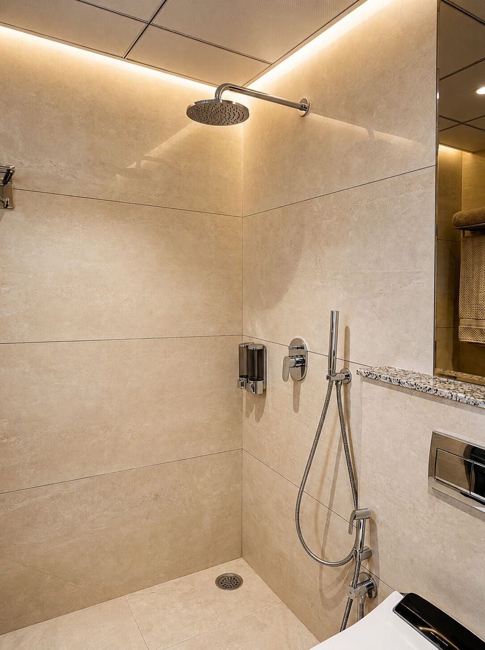 Shower, slippers, towels, soap
