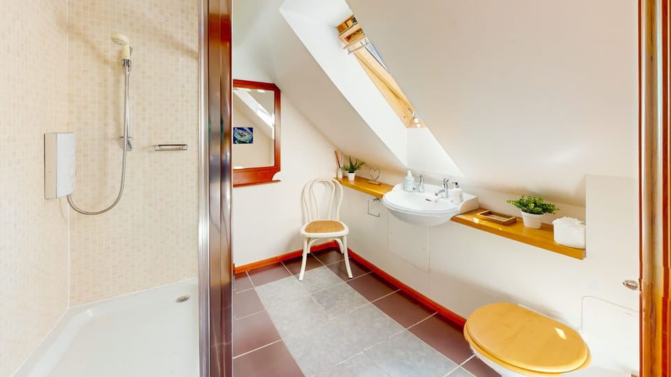 A bright shower room under the eaves with a skylight for natural light.