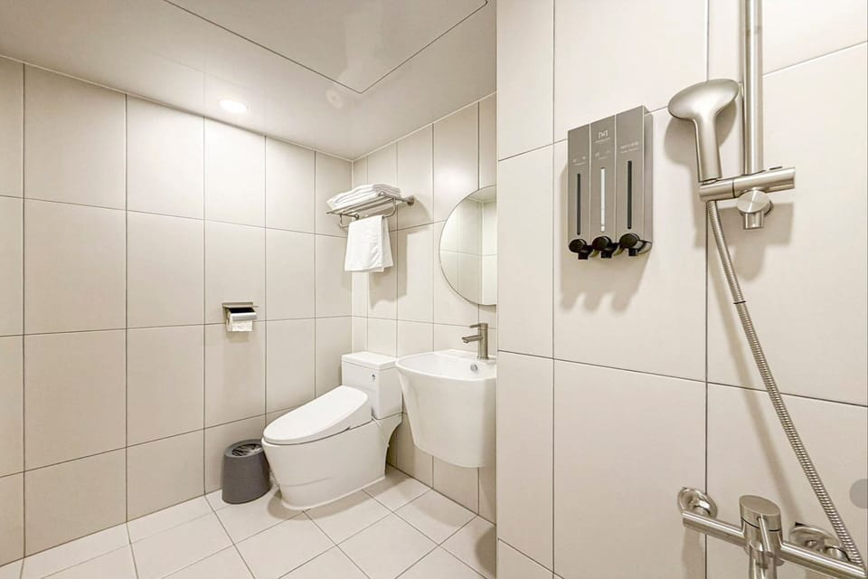 Hair dryer, towels, soap, shampoo